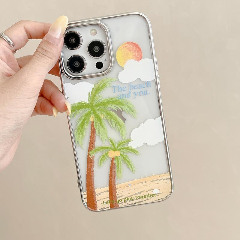 Summer Seaside Coconut Tree Suitable for Apple 16promax Mobile Phone Case 14 Electroplated IPhone 15 Protective Case