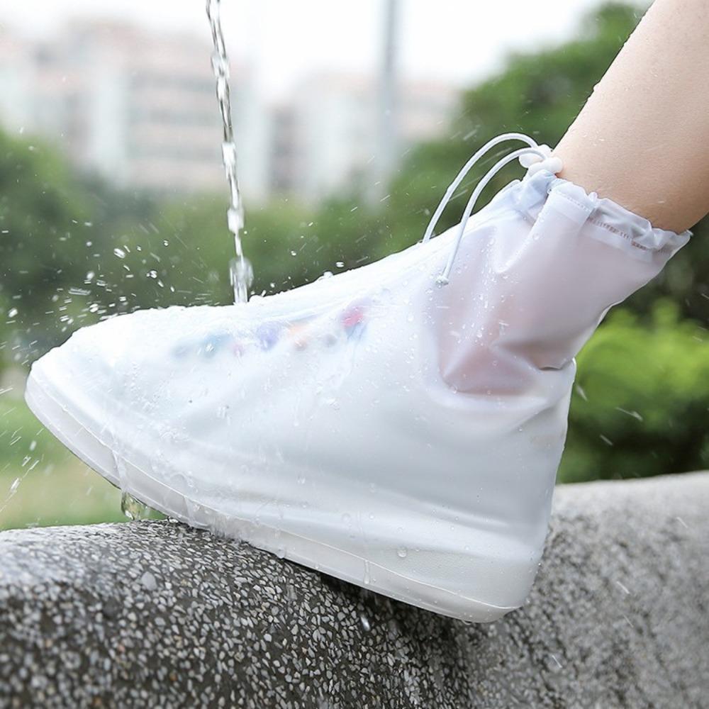 Rain Cover Adult Thick Sole Middle Tube PVC Rain Shoe Cover Anti Slip Wear Resistant Non Wet Shoes Reusable White Edging