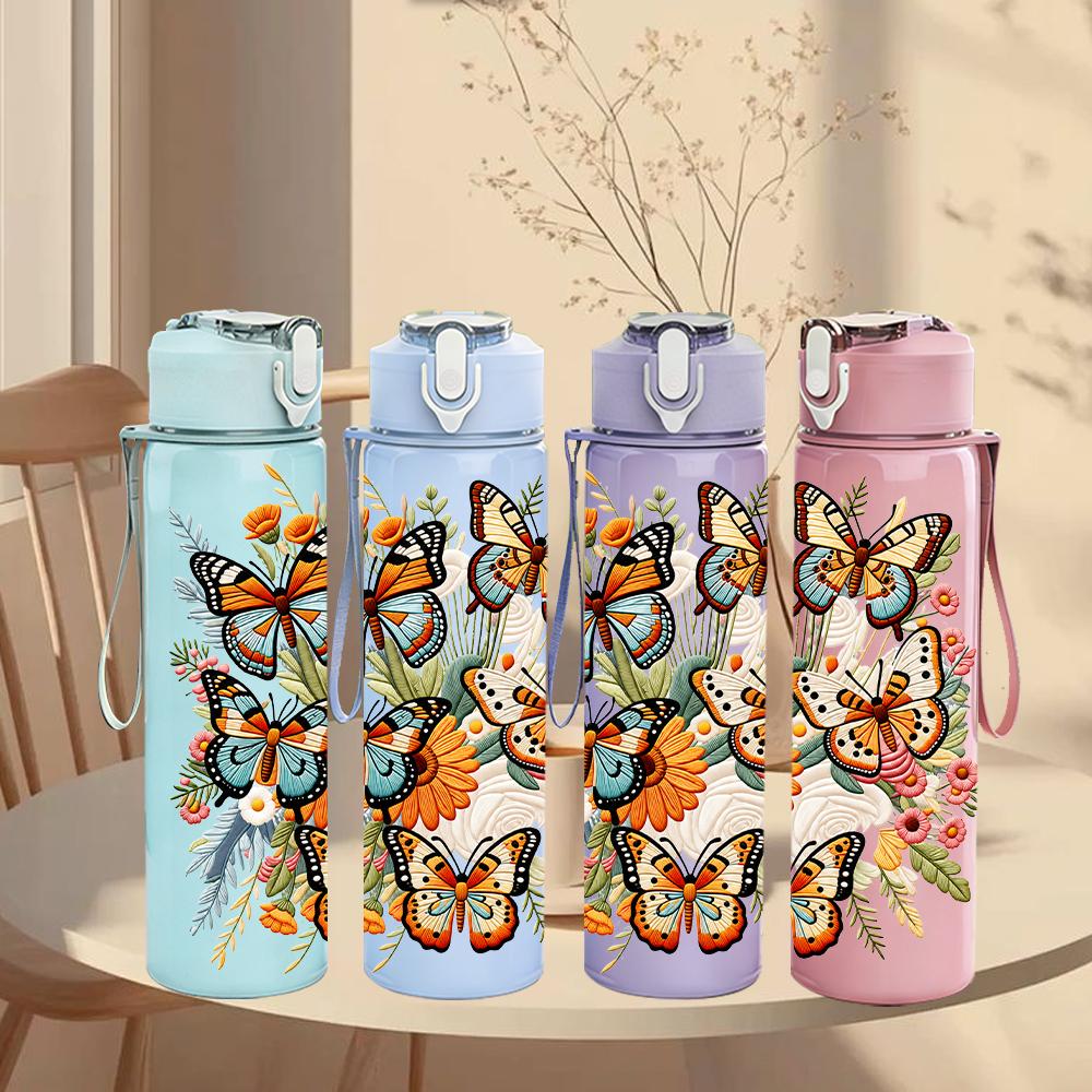 1PC Vintage Butterfly Bouquet 750ml Color Plastic Sports Water Bottle Leakproof Flip Straw Lid Suitable for Sports Office Home Use