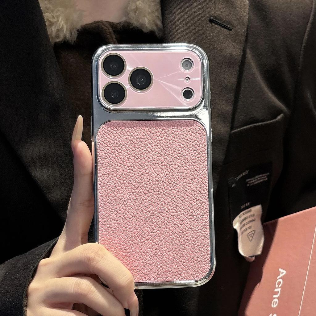Plating Leather Textured Matte Phone Case For iPhone 17 16 15 14 13 Pro Max Aurora CD Camera Protection Shockproof Bumper Cover