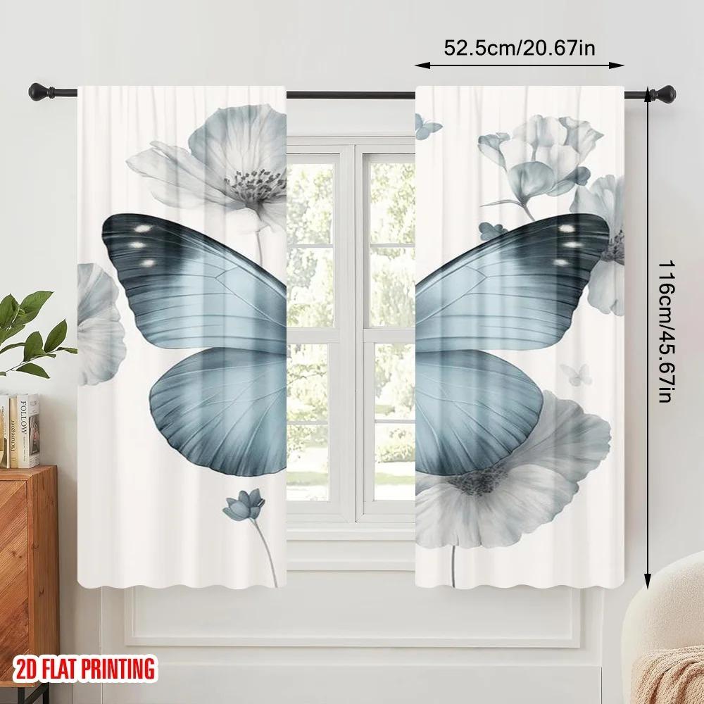 2pc,2D Plane Printing Light Filtering Curtains Blue Butterfly Bliss Durable Polyester (without Rod) Holiday for Bedroom Office