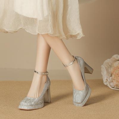- Plateau-High-Heels Damen Winter Neu Quadratische Zehenpartie Mary Jane Schuhe Dicke Absätze Damen