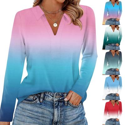 Damenmode Lässig Revers Kurz Langarm Druckhemd Damen V-Ausschnitt Tops