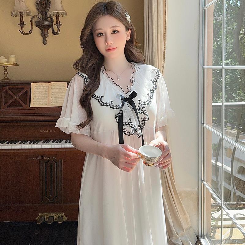 Linglei Summer Solid Color Lace Bow Mesh Court Princess Style Long Nightdress Pajamas Loungewear Women