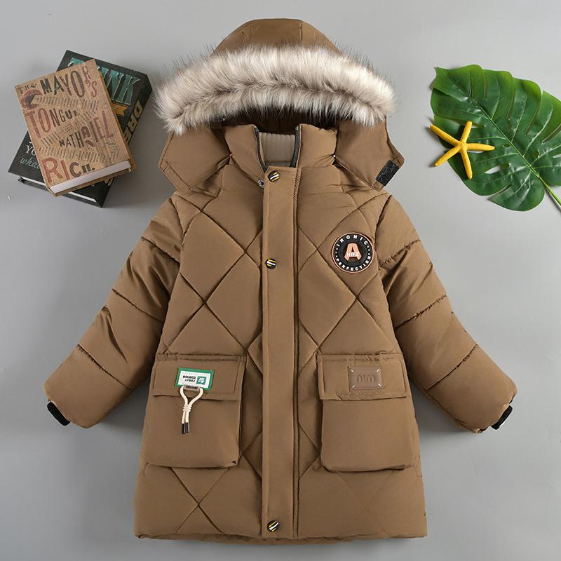 Autumn Winter Boys Jacket Long Style Letter Print Thick Warm Hooded Coat Fur Collar Down Cotton Outerwear For 4-10 Years Kids