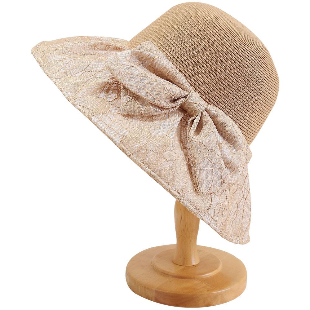 Big eaves sunshade summer fashion lace bow bucket hat women's simple and elegant sunscreen face covering straw sun hat