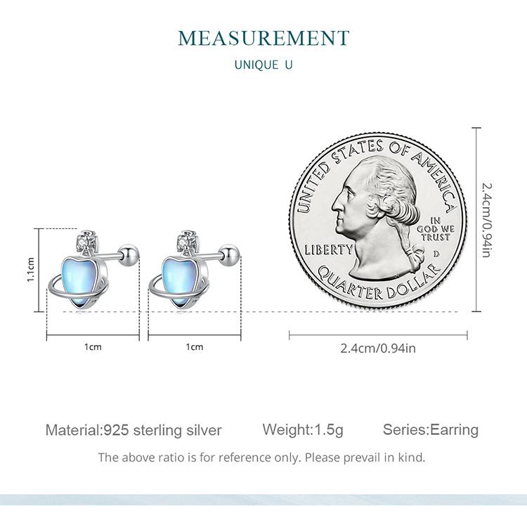 BAMOER 925 Sterling Silver Love Planet Stud Earrings for Women Fine Jewelry Simple Blue Heart Earrings Anniversary Gift