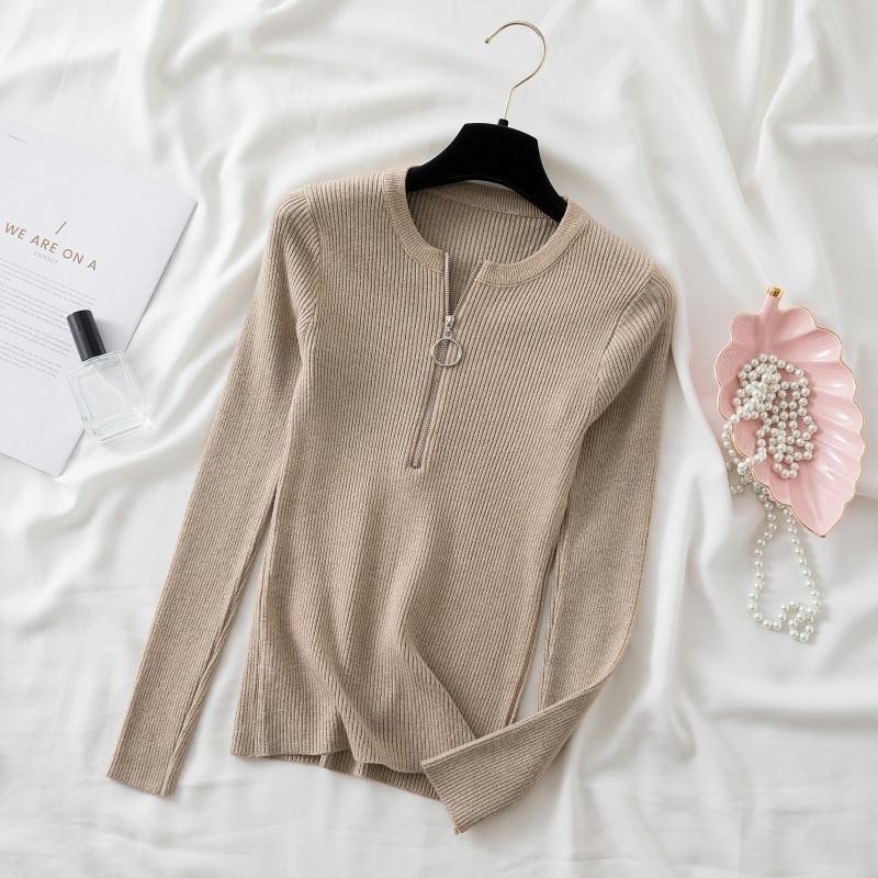 

Осень Новые молнии круглый вырез свитера свитера женские Slim Fit длинный рукав база вязаный свитер топы женские элегантные однотонные модные зимние джемперы 25500 One Size хаки