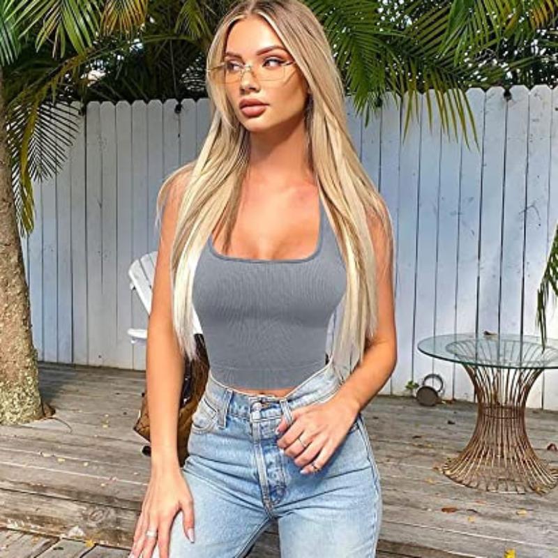 

Ladies Solid Square Neck Ribbed Tank Top Camisole Ladies Summer Basic Elastic Sleeveless Crop Tops L сірий