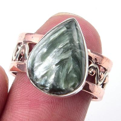 Natürlicher Seraphinit-Edelstein, 925er Sterlingsilber, zweifarbig, Geschenkring, Größe 7,5, y9V40