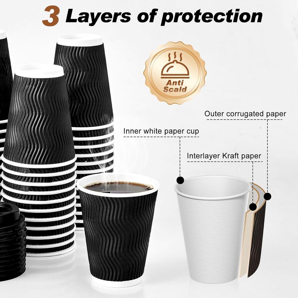 Pack 150 Insulated Corrugated Paper Cups with Lid Disposable Leak Proof Hot Coffee Cups with Lids for Travel Office for Tea