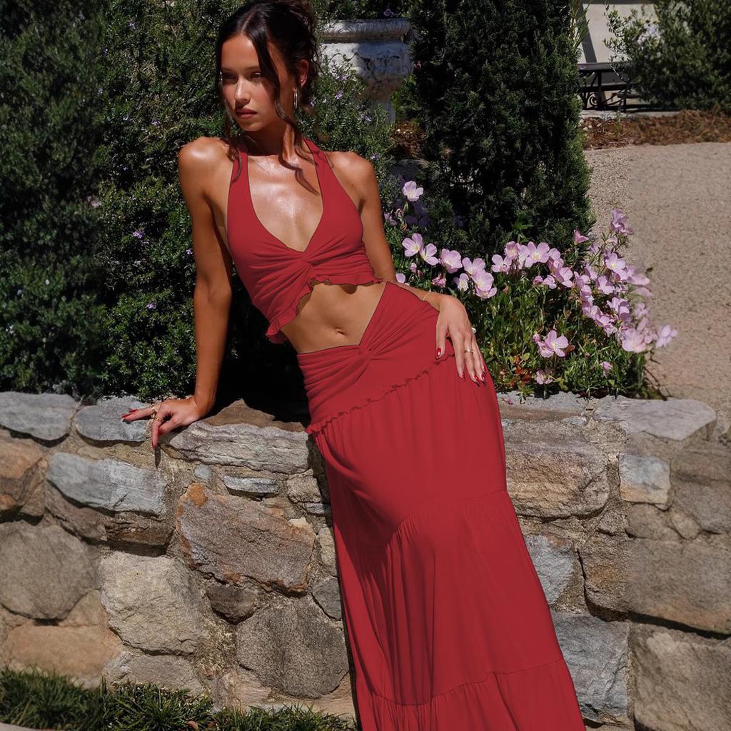 Sexy Halter Vest Skirt Sets Women Solid Crop Bikini Top Long Pleated A-line Skirts 2025 Summer Lady Casual 2 Piece Set Vacation Beach Outfit