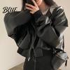 Chaqueta de Motorista con Capucha para Mujer Chaqueta Falsa de Dos Piezas Cuero Sintético Cierre de Cremallera Estilo Motociclista Genial Ropa de Abrigo Retro Cordón en la Cintura Puños Elásticos Sueltos