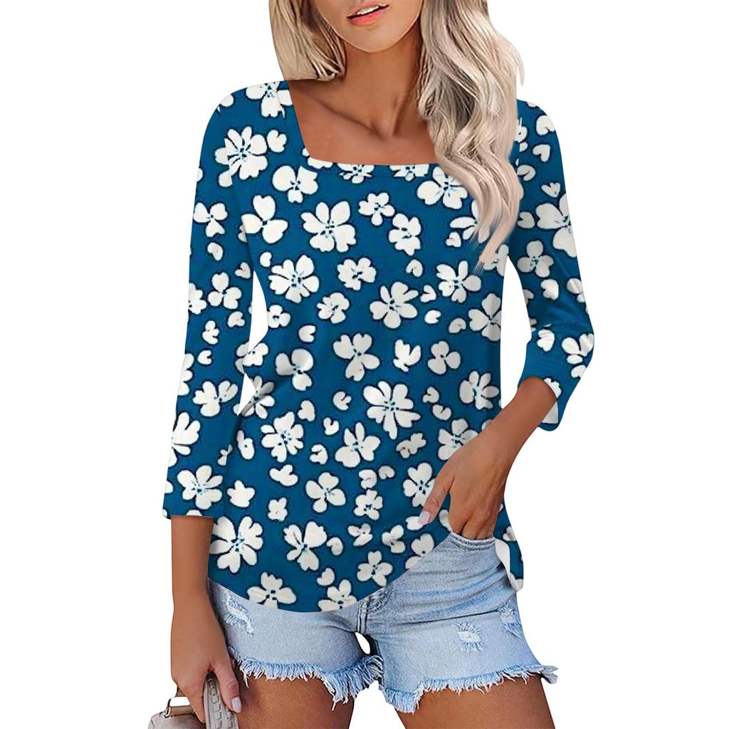 Women's T Shirt Tee Print 3/4 Sleeve Daily Weekend Fashion Basic Square Neck  Regular Top