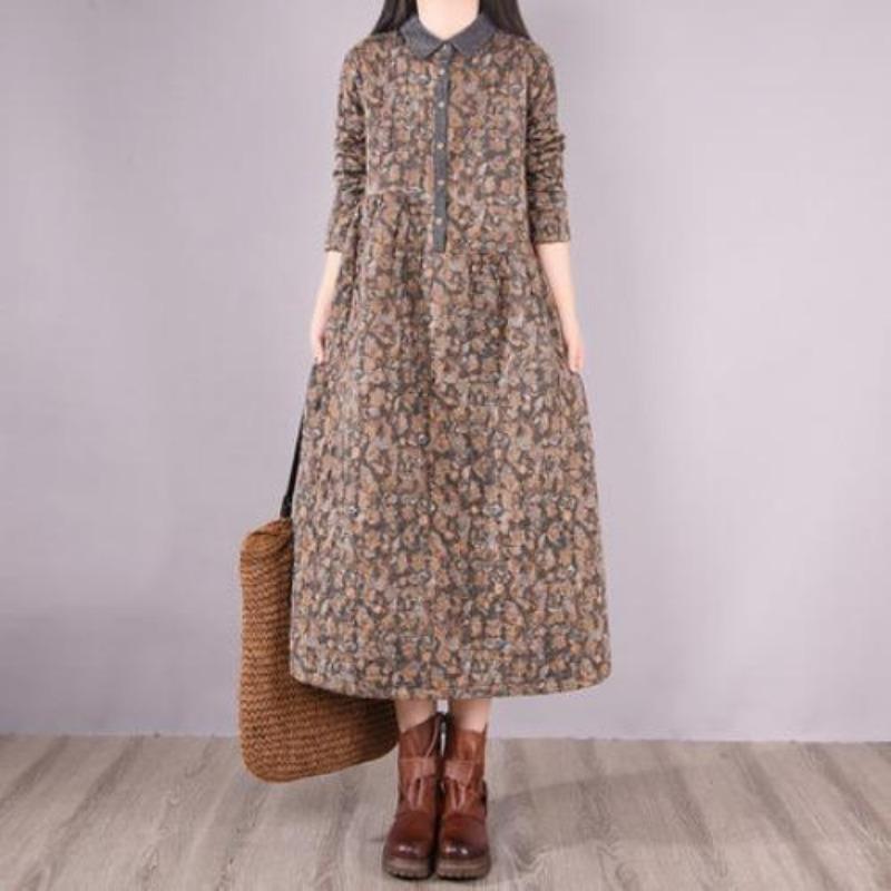 

Ретро Свободное Женское Платье с Цветочным Принтом из Хлопка и Льна 2XL темно-коричневого