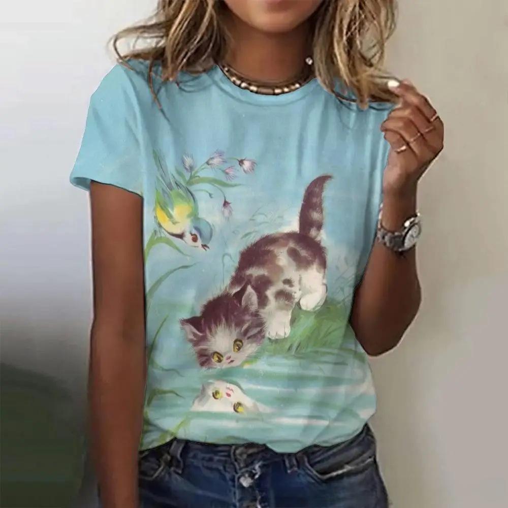 Letní dámské tričko s krátkým rukávem, s kulatým výstřihem, s 3D potiskem roztomilých zvířat, módní, ležérní