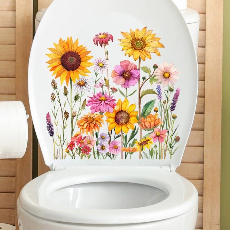 Plants Flowers Sunflowers Butterflies Wall Stickers Toilet Sticker Bathroom Toilet Cover Refrigerator Sticker Wc Decoration