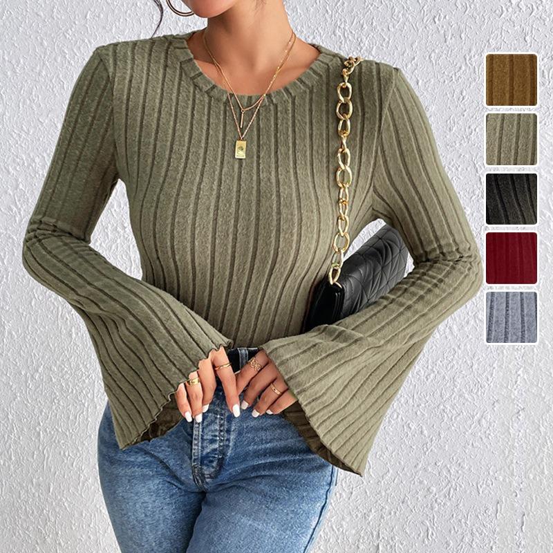 Women S Solid Slim Fit Sweater Round Neck Flared Sleeve Autumn Casual