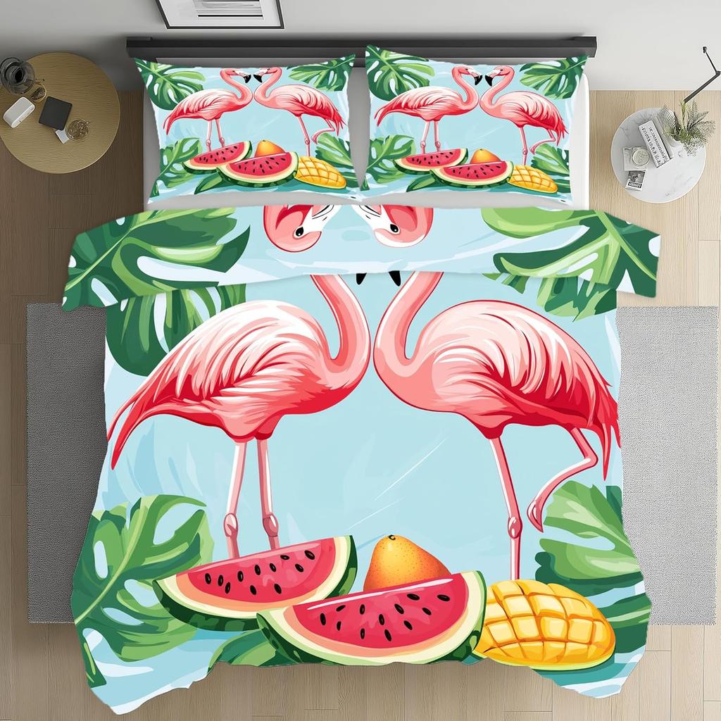 Flamingo Tropical Bedding Sets, Palm flower plant Duvet Cover Microfiber, Leaf Plant Duvet Covers With Zipper and Pillow Covers
