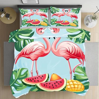 Flamingo Tropische Bettwäsche-Sets, Palmblumenpflanze Bettbezug Mikrofaser, Blattpflanze Bettbezüge mit Reißverschluss und Kissenbezügen
