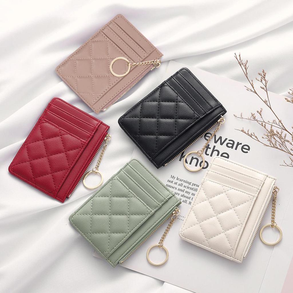 Mote Ensfarget Ultratynn Kort Lommebok Klips Enkel Diamantrutemønster Glidelås Flerspors Kortholder PU Liten Myntpung med Nøkkelring