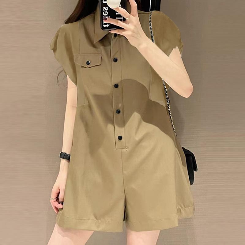 

VONDA Женские летние комбинезоны с коротким рукавом и воротником-рубашкой 5XL хаки