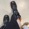 Genuine leather Lace-up Mid-calf Boots Women Cross-belt Buckle Decoration Motorcycle Boots Chunky Heels Retro Ankle Boots