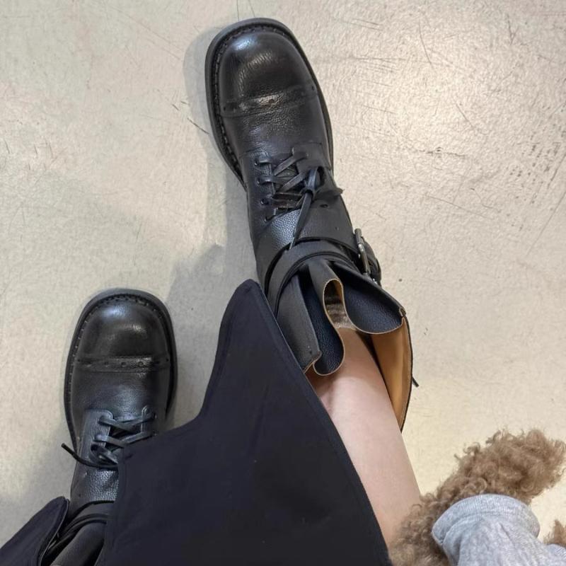 Genuine leather Lace-up Mid-calf Boots Women Cross-belt Buckle Decoration Motorcycle Boots Chunky Heels Retro Ankle Boots