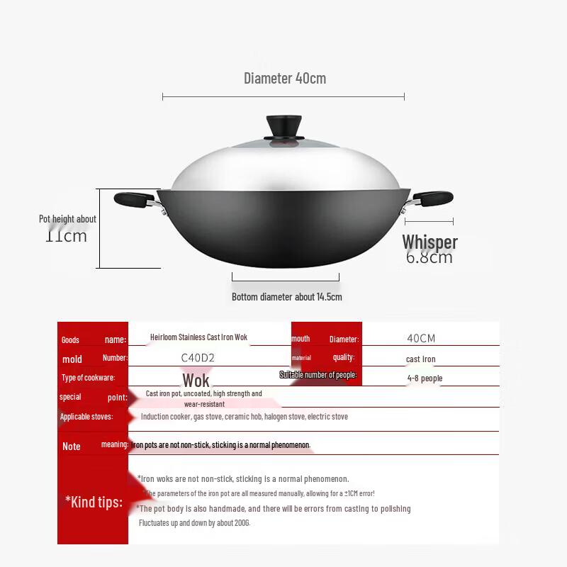 COOKER KING 40cm Cast Iron Double-Handle Wok