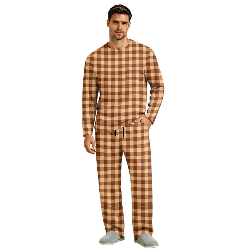 Men's Pajama Set Long Sleeve Top and Long Pants with Button Crotch and Elastic Drawstring Waist for Home Loungewear