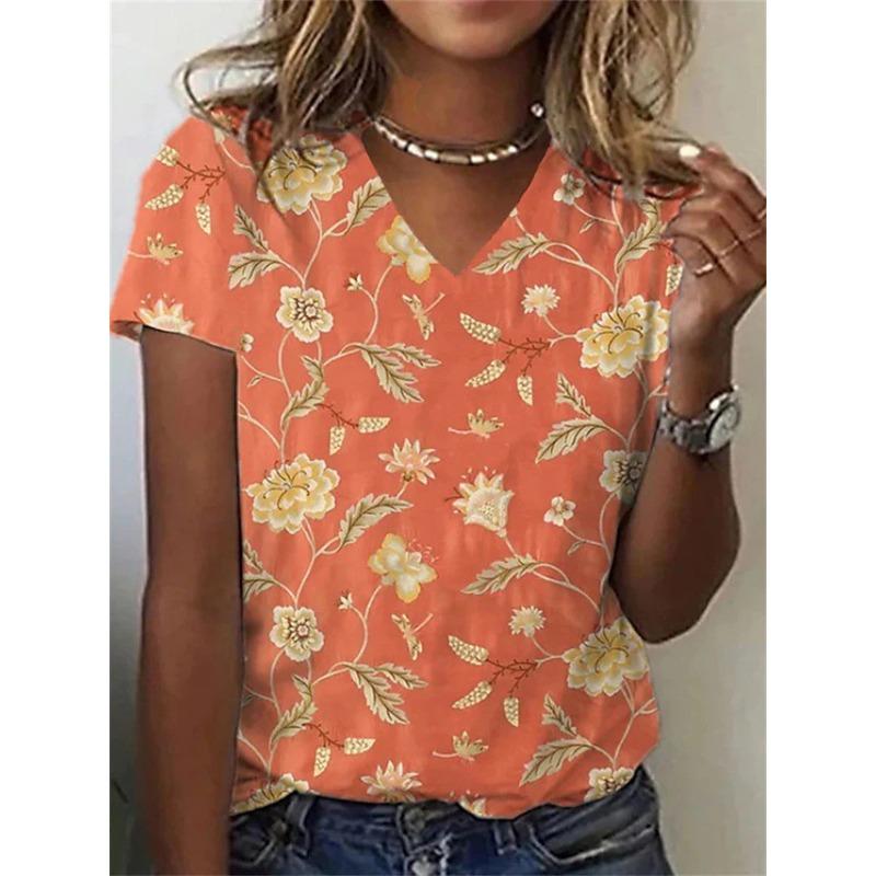 Women V Neck Floral Print Lace Patchwork Short Sleeve Casual T Shirt