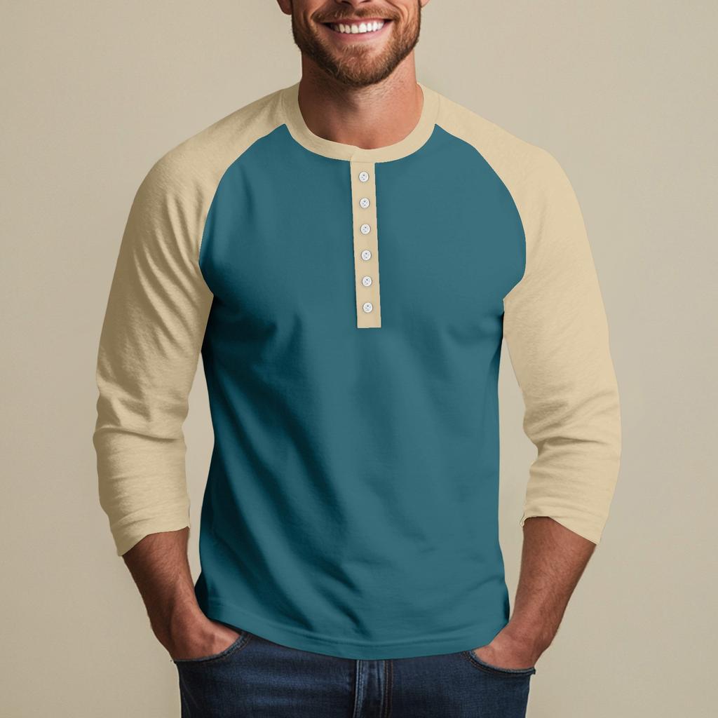 Men's Button-Down Contrast Raglan 3/4 Sleeve Top