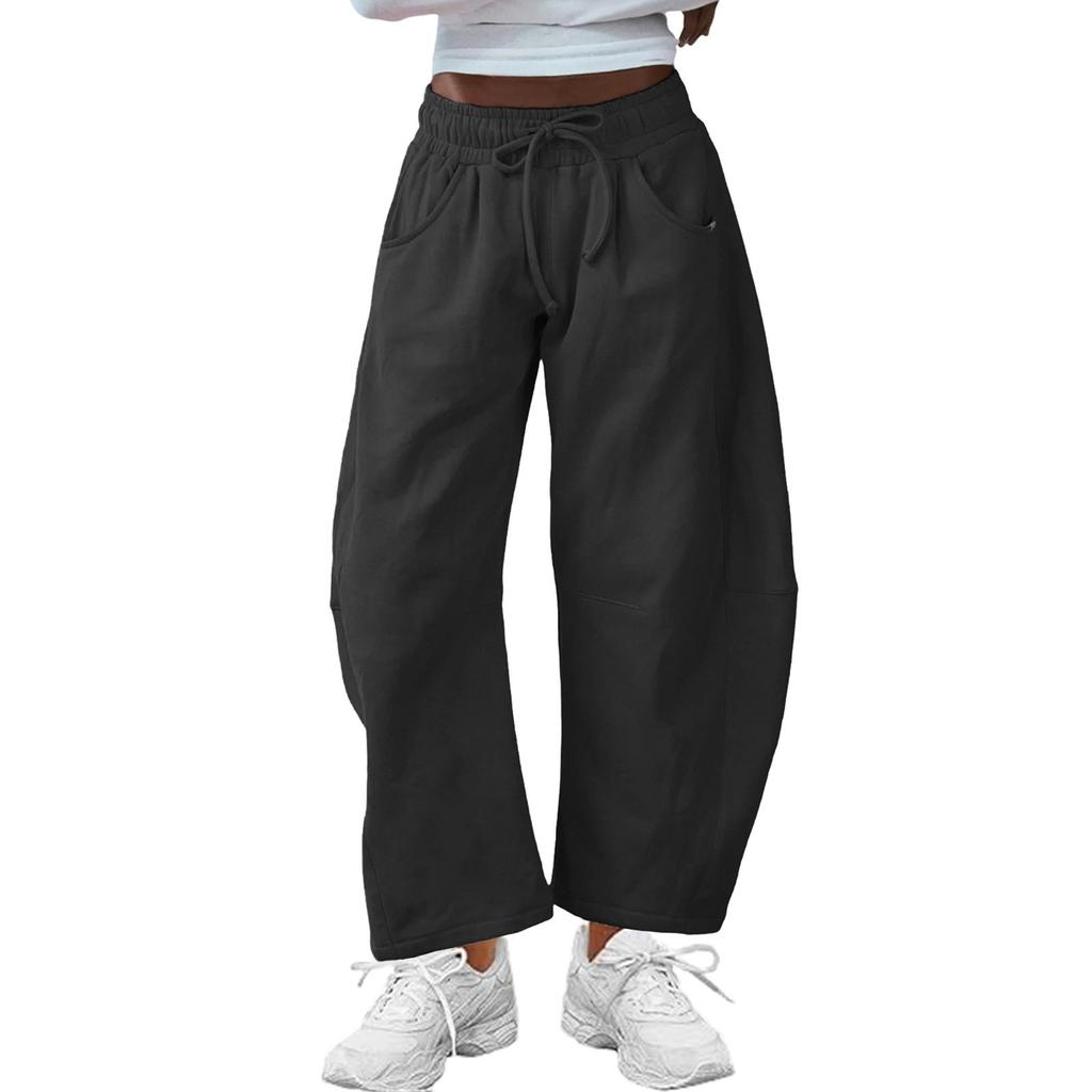 Women's Barrel Leg Sweatpant Drawstring Elastic Waisted Wide Leg Pants Casual Cotton Palazzo Trousers With Pockets