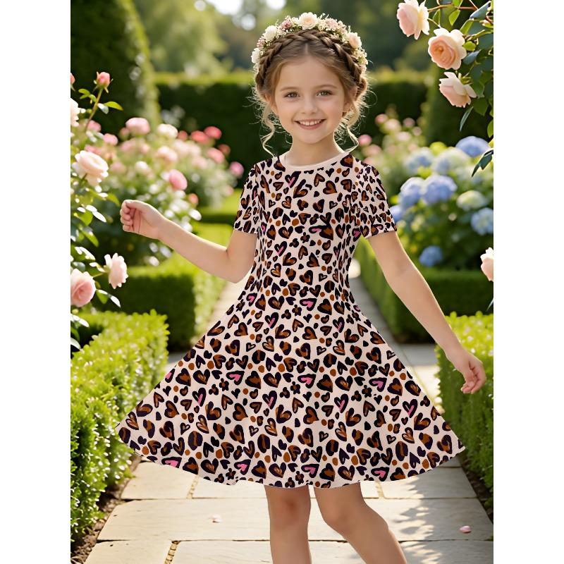 Women's Leopard Print and Pink Heart-shaped Printed T-shirt Dress, Children's Casual A-line Dress Suitable for Birthday Gifts