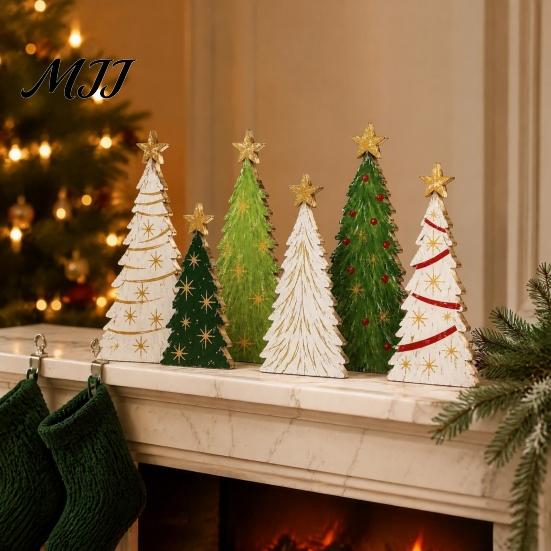 Hand Painted Holiday Table Decor 6Pcs Wooden Christmas Tree Tabletop Set, Rustic Star Topped Retro Seasonal Mantel Decorations Mini Figurines,