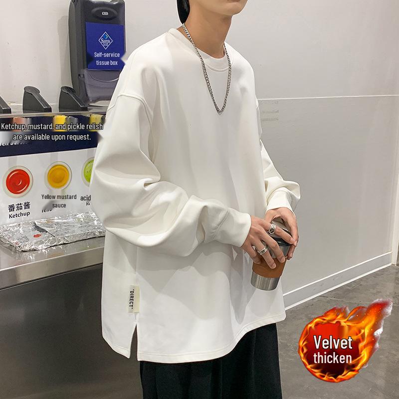 NASA Men's Trendy Long Sleeve Spring/Autumn Hoodie - Plus Size Heavyweight T-Shirt with Velvet, Solid Color, Loose Slit Design.