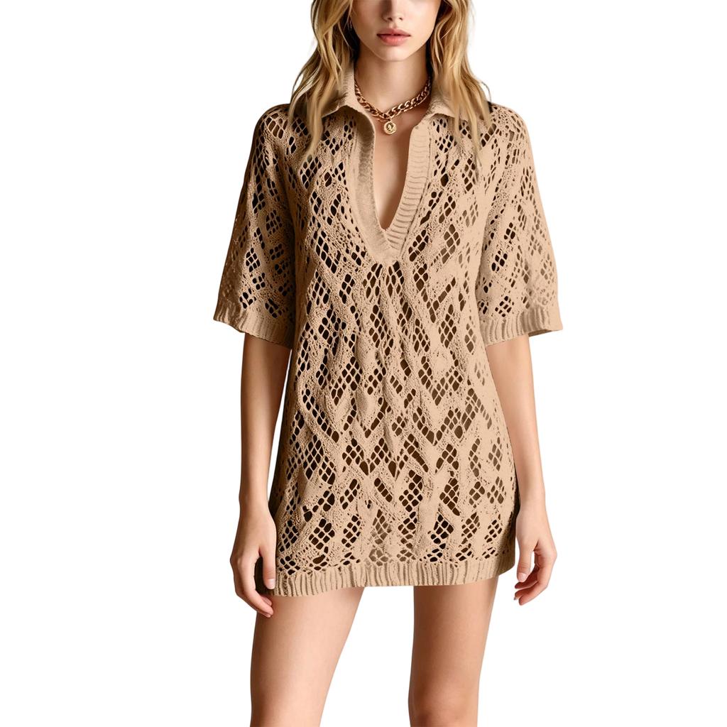 Casual V Neck Collared Short Sleeve Loose Fit Hollow Knit Mini Dress Lightweight Breathable Summer Wear