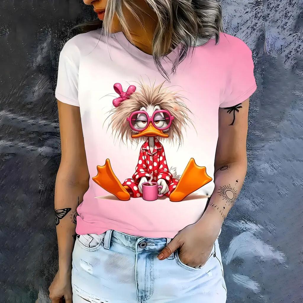 Sommar Rund Hals 3D Söt Tecknad Djur Grafiskt Tryck Topp Trendiga Casual Kortärmade Dam T-shirts