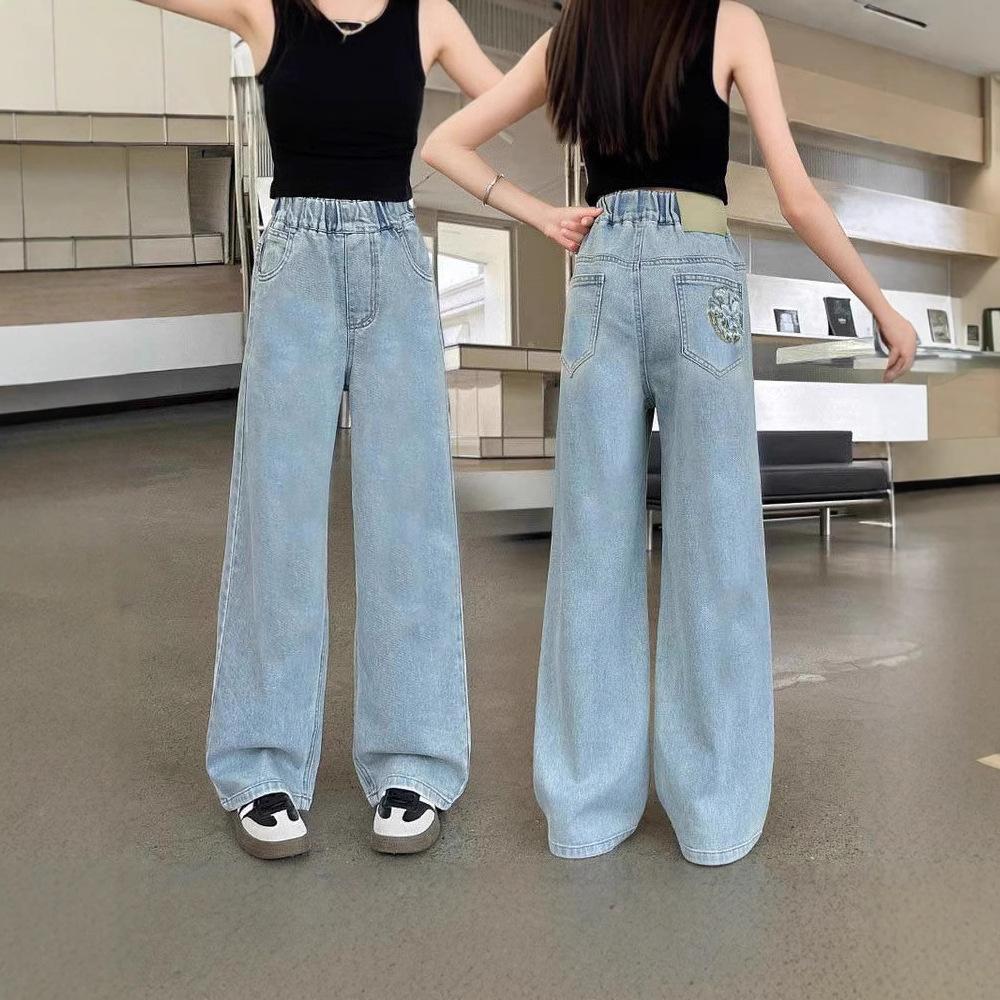 Girls' Pants Spring and Autumn Wide Leg Jeans Fashion Girls' Korean Back Pocket Straight Leg Pants
