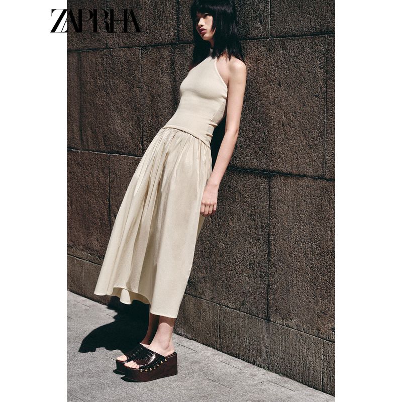 Zaprha 2025 Summer New Elegant Slim fit Patchwork Neck Collar Backless Sling Dress 4174202