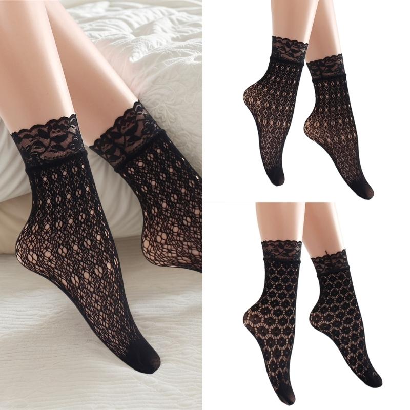 Breathable Fishnet Patterned Ankle Socks for Women Fashionable Hollowout Design with Lace Trim Short Crew Socks Hosiery