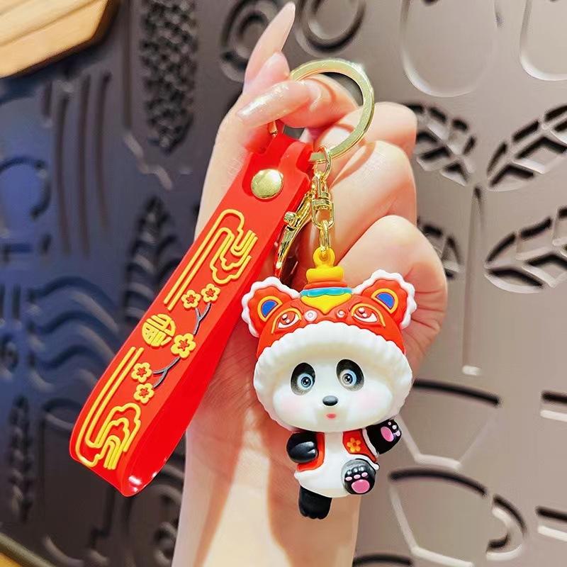 Cartoon Guochao Lion Dancing Tiger Head Hat Panda Keychain Creative Bag Key Chain Pendant New Year's Gift