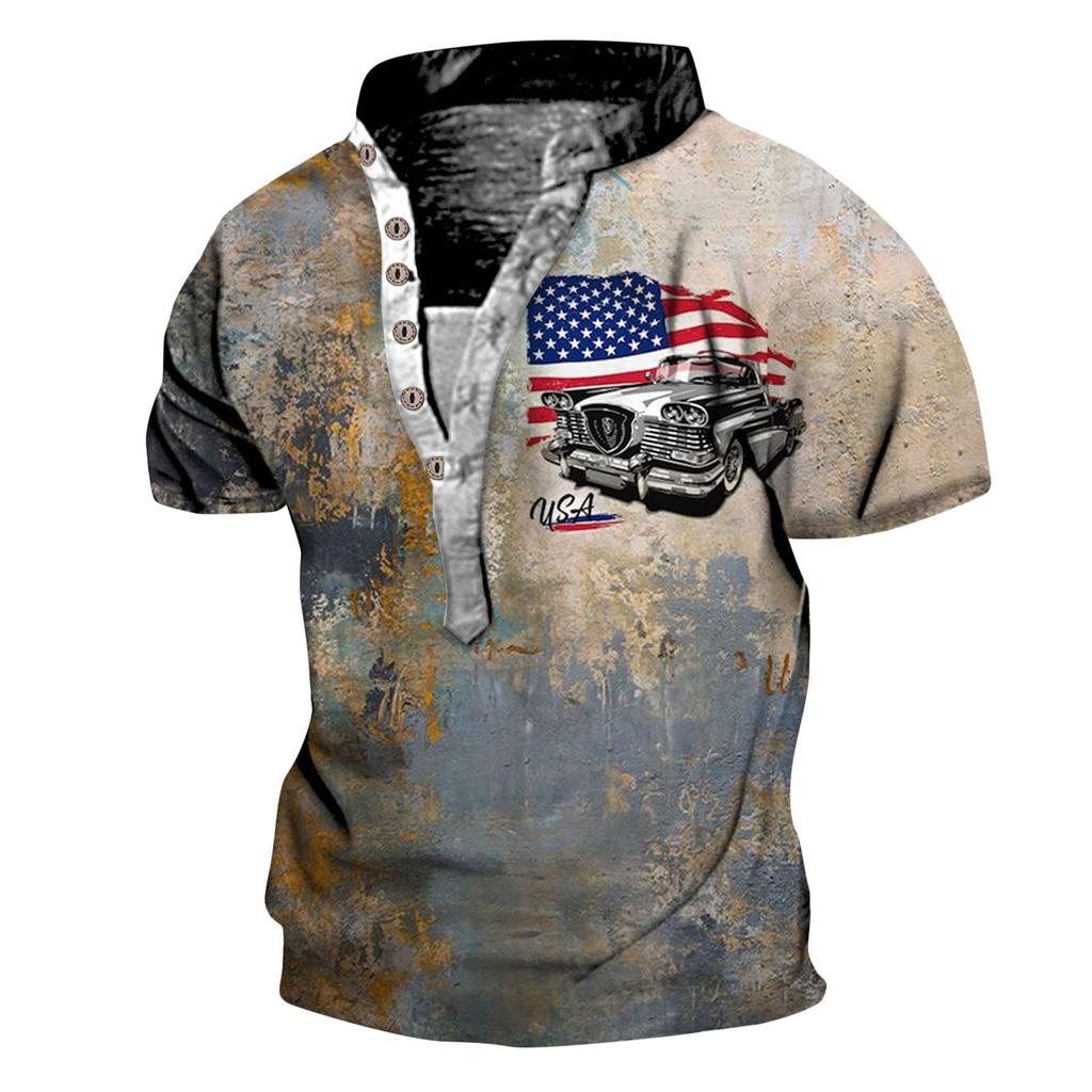 Men's Vintage Outdoor Hiking Short Sleeve Printed T-Shirt Breathable Button V Neck Short Sleeve Top