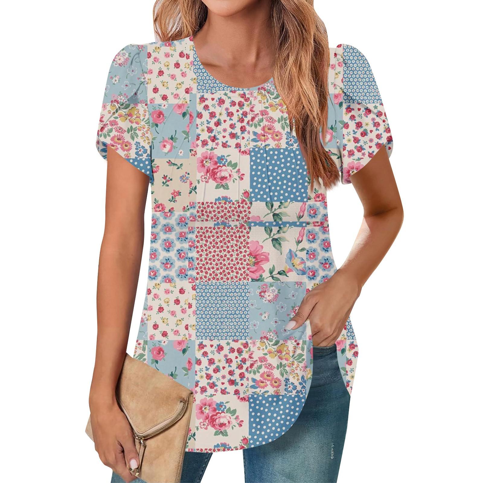 

Женский повседневный топ с круглым вырезом и коротким рукавом, с плиссировкой и расклешенными рукавами, с цветочным принтом XXL