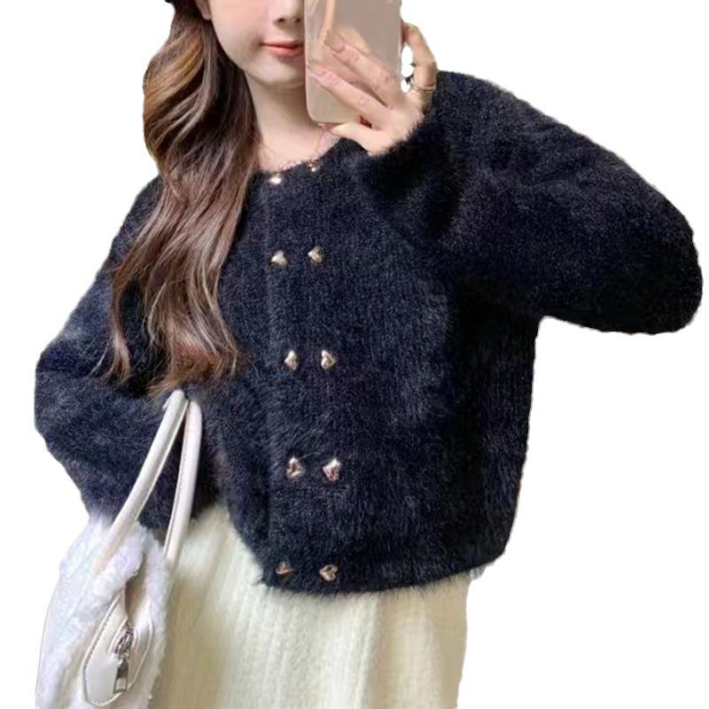 French Style Noble Mink Velvet Knit Cardigan for Women: Autumn Winter Crew Neck Solid Color Double-Breasted Sweater