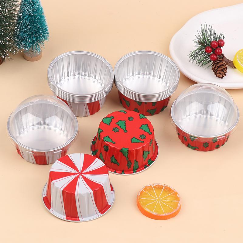 10Pcs Reusable Aluminum Foil Cup With Lid Pudding Cake Mold Air Fryer Tinfoil Box Baking Tray Tinfoil Cups Baking Pastry Tools