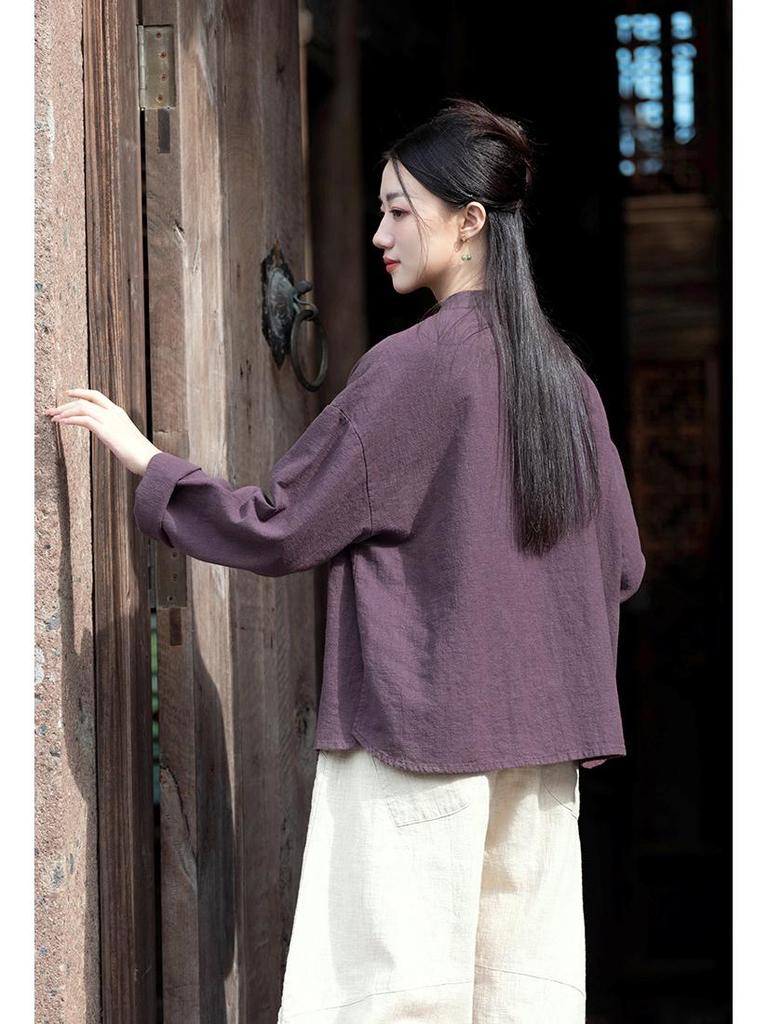 Spring Cotton Linen Women's Retro Handmade Wrapped Button Zen Tea Shirt
