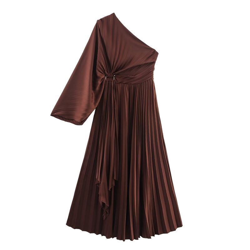 

Kaslead New Women clothes Western Style French style Simple Full Body Pleat One Shoulder Formal Dress Long dress Picture Color XL