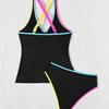 Color Block Ribbed Tank Top High Waist Two Piece Bikini Set Fashion Elegant Summer Wear