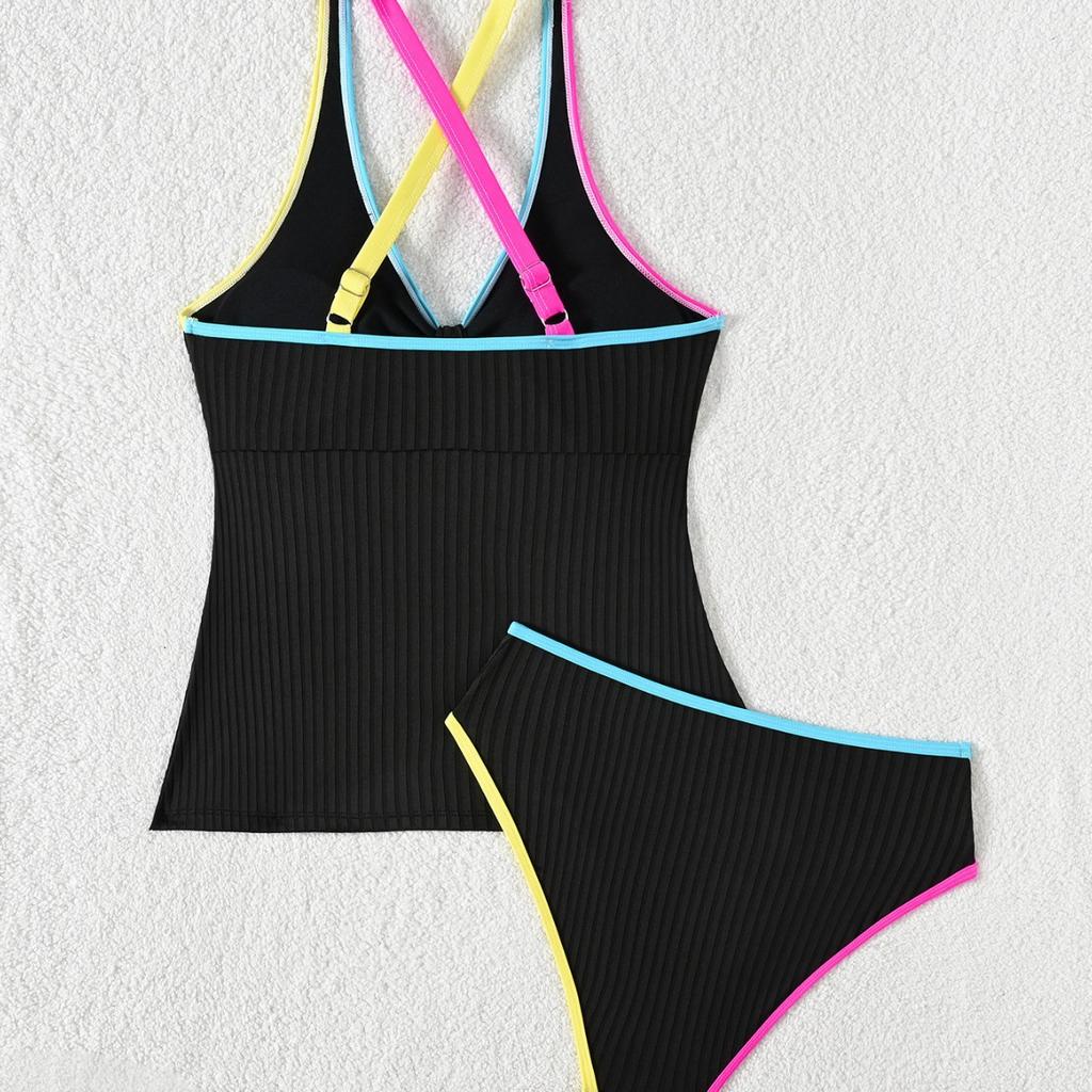 Color Block Ribbed Tank Top High Waist Two Piece Bikini Set Fashion Elegant Summer Wear